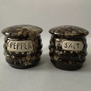 Set of Two Large Ceramic Pottery Salt & Pepper Shakers, Brown Speckled Glaze